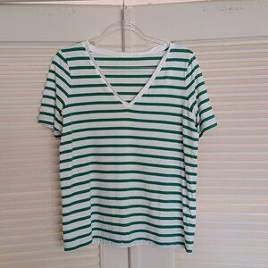 COS V-Neck T-Shirt Green White Stripes 100%  Cotton Jersey Size Medium Like New